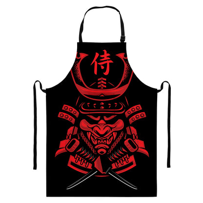 Red Samurai Mask Print Bib Apron With Pocket