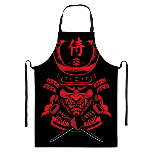 Red Samurai Mask Print Bib Apron With Pocket