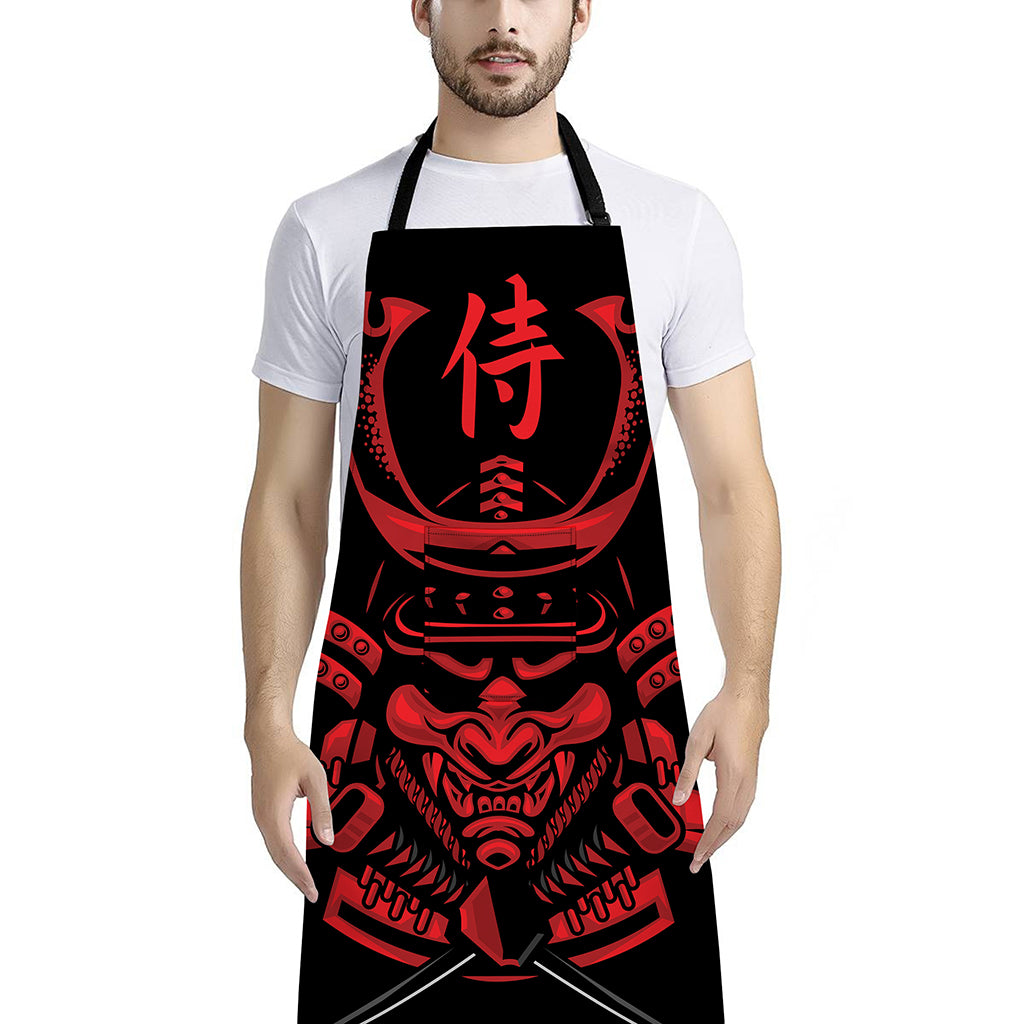Red Samurai Mask Print Bib Apron With Pocket