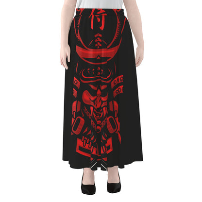 Red Samurai Mask Print Chiffon Maxi Skirt