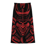 Red Samurai Mask Print Cotton Front Slit Maxi Skirt