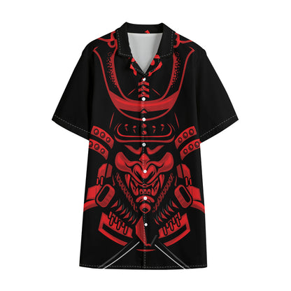 Red Samurai Mask Print Cotton Hawaiian Shirt