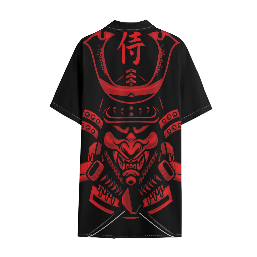 Red Samurai Mask Print Cotton Hawaiian Shirt