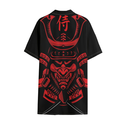 Red Samurai Mask Print Cotton Hawaiian Shirt
