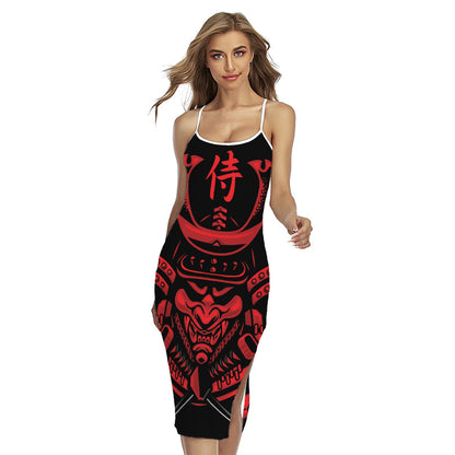 Red Samurai Mask Print Cross Back Cami Dress