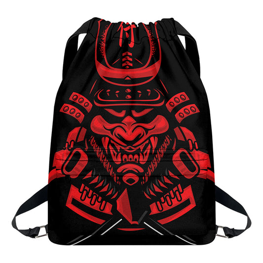 Red Samurai Mask Print Drawstring Backpack