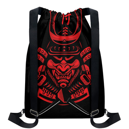 Red Samurai Mask Print Drawstring Backpack