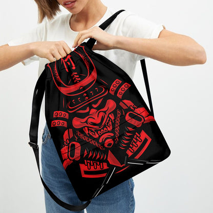 Red Samurai Mask Print Drawstring Backpack