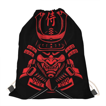 Red Samurai Mask Print Drawstring Bag