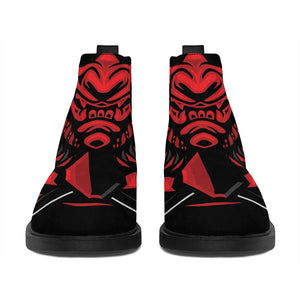 Red Samurai Mask Print Flat Ankle Boots