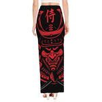Red Samurai Mask Print High Slit Maxi Skirt