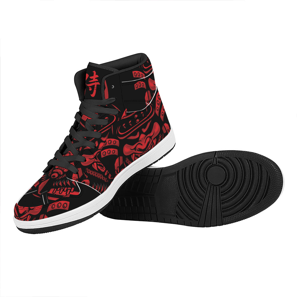 Red Samurai Mask Print High Top Leather Sneakers