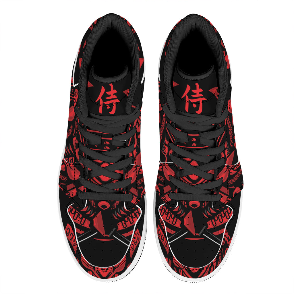 Red Samurai Mask Print High Top Leather Sneakers