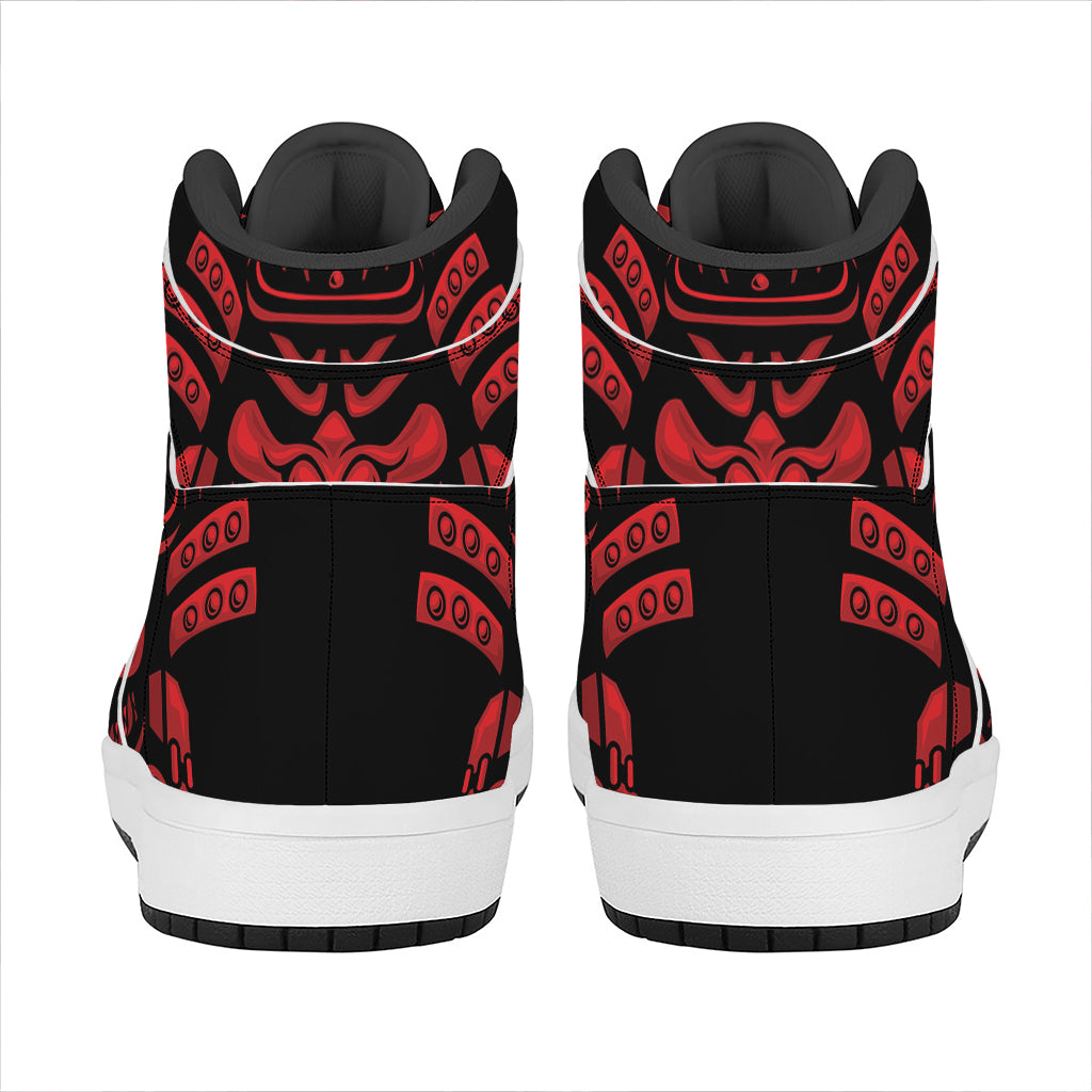 Red Samurai Mask Print High Top Leather Sneakers