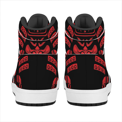 Red Samurai Mask Print High Top Leather Sneakers