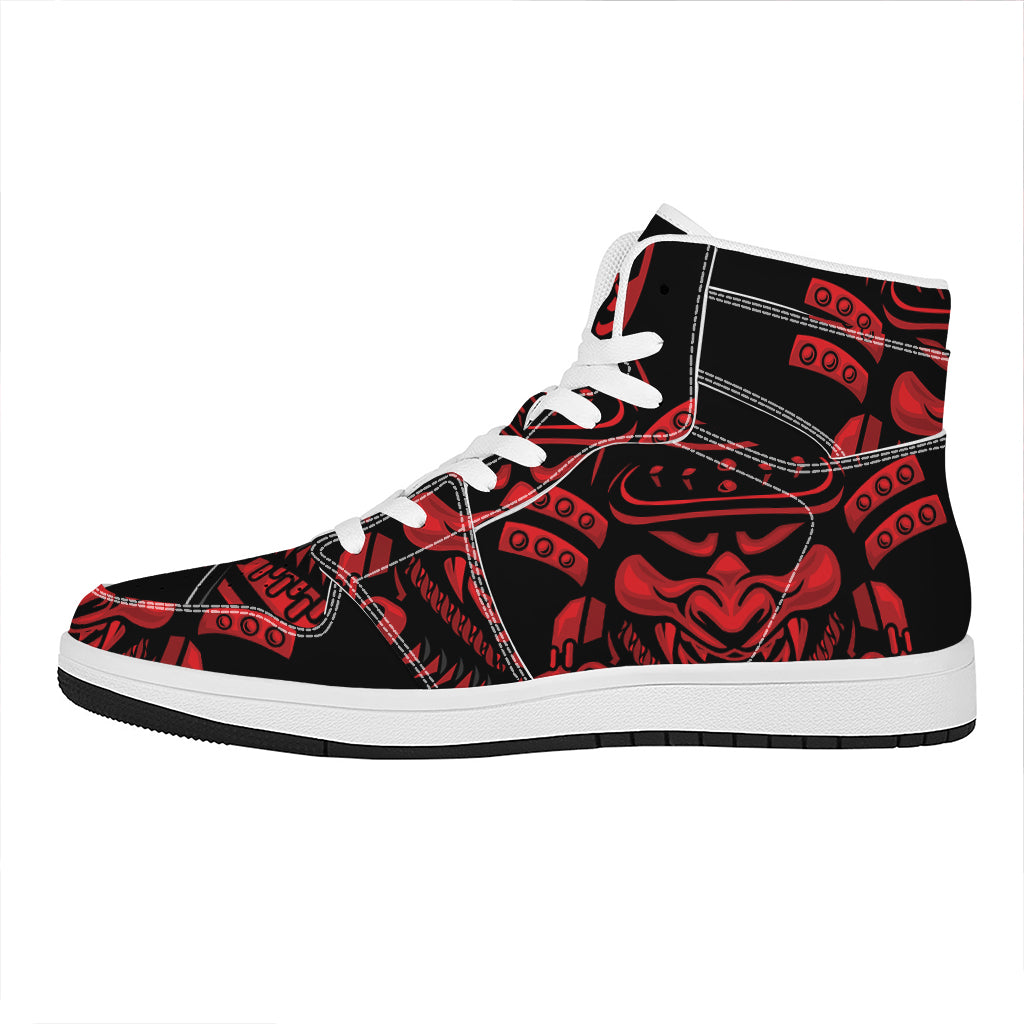 Red Samurai Mask Print High Top Leather Sneakers