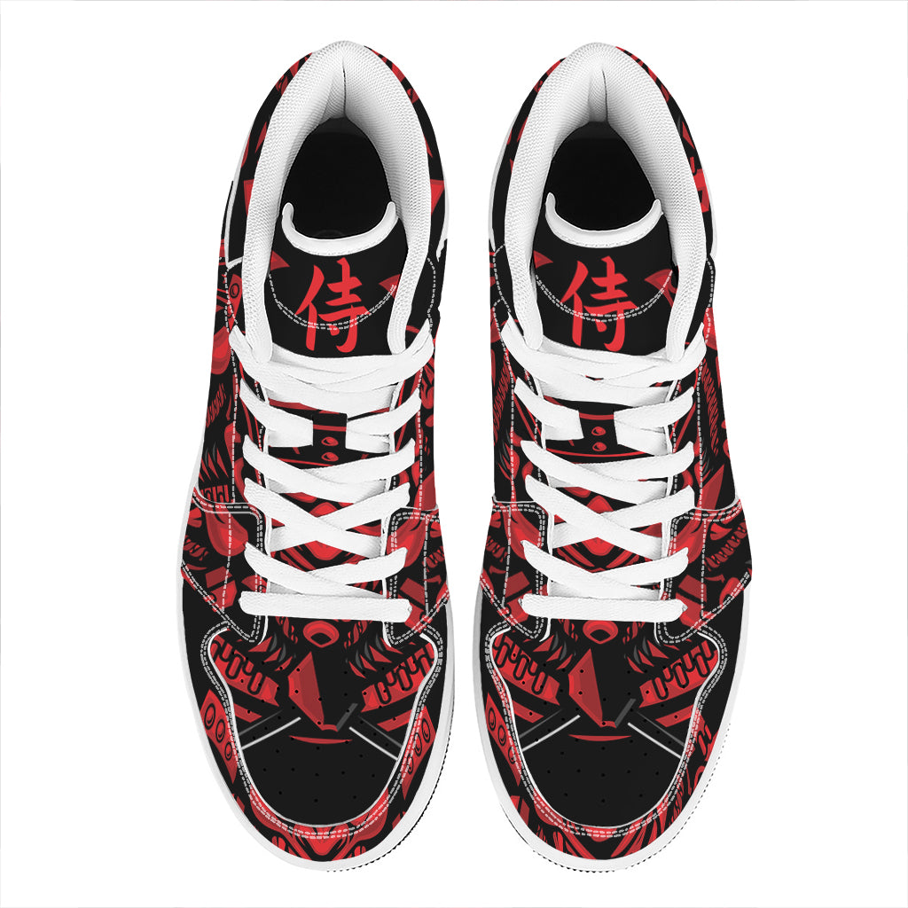Red Samurai Mask Print High Top Leather Sneakers