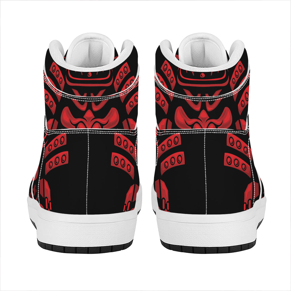Red Samurai Mask Print High Top Leather Sneakers