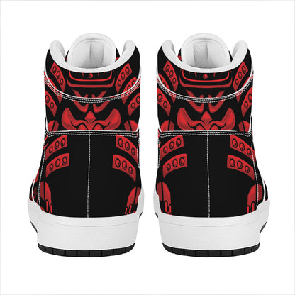 Red Samurai Mask Print High Top Leather Sneakers