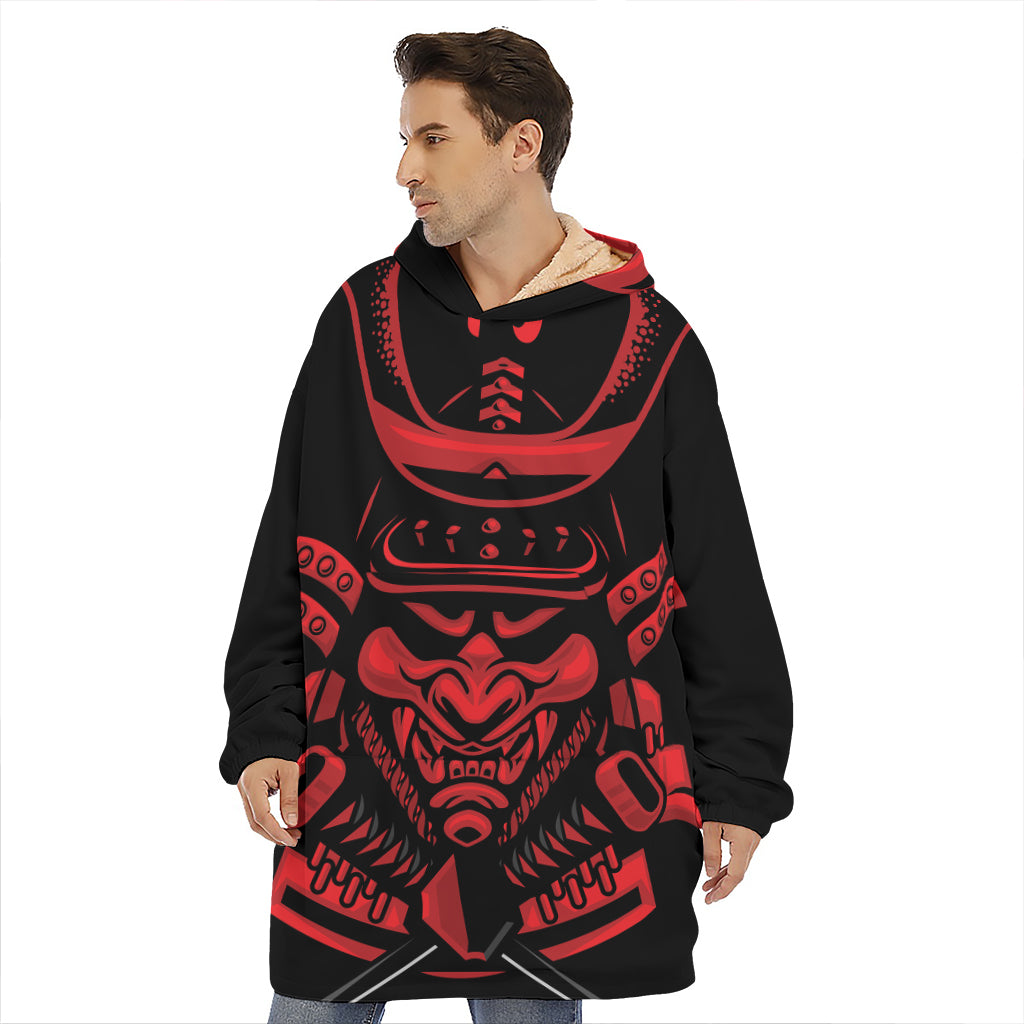 Red Samurai Mask Print Hoodie Blanket