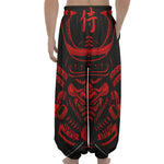 Red Samurai Mask Print Lantern Pants