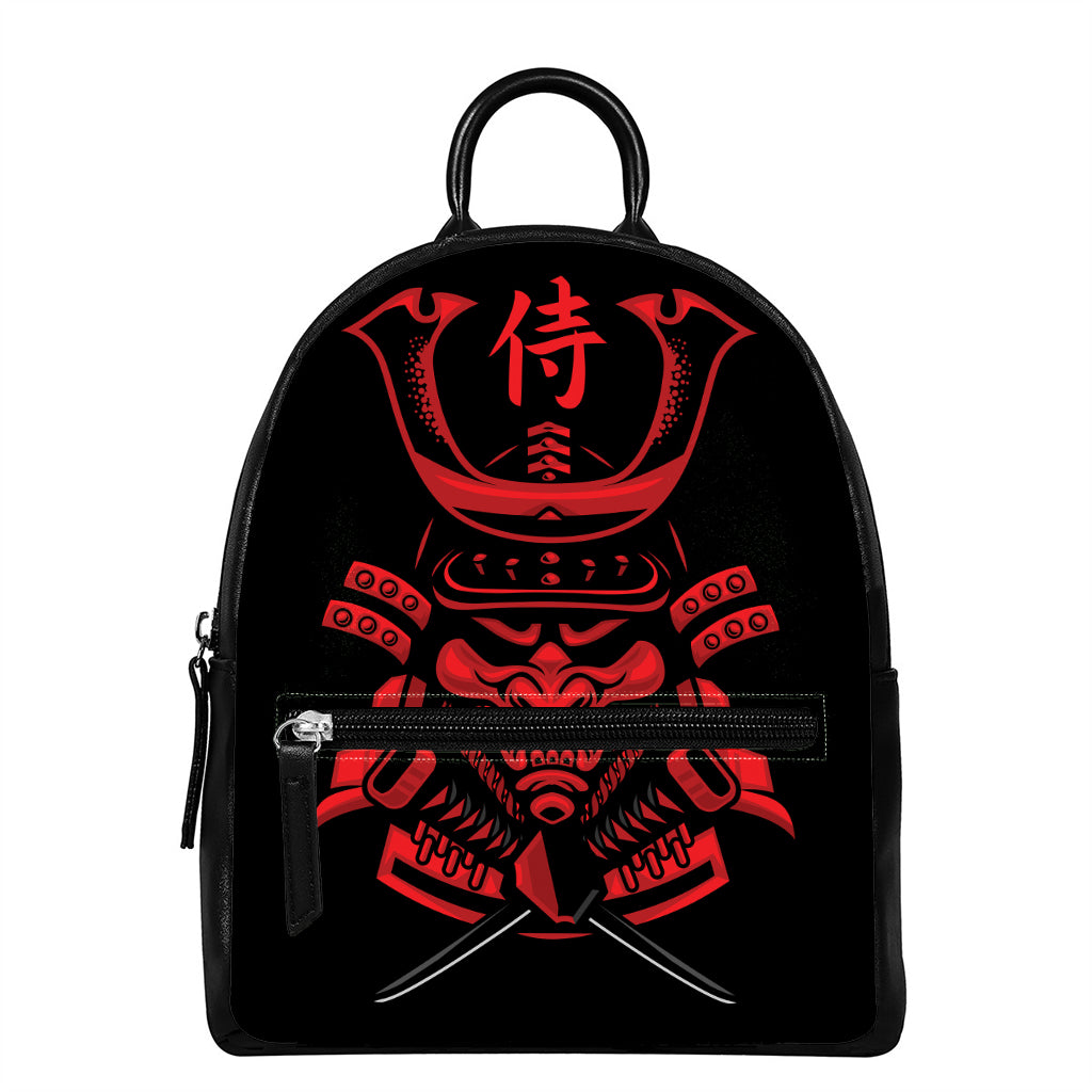 Red Samurai Mask Print Leather Backpack