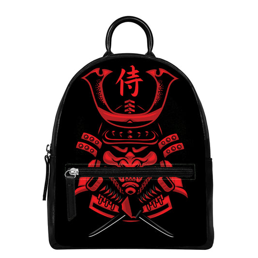 Red Samurai Mask Print Leather Backpack
