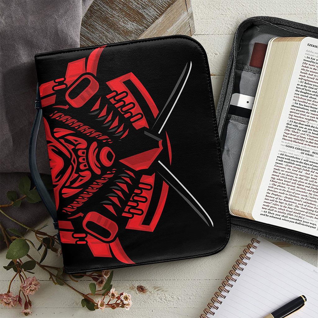 Red Samurai Mask Print Leather Bible Cover
