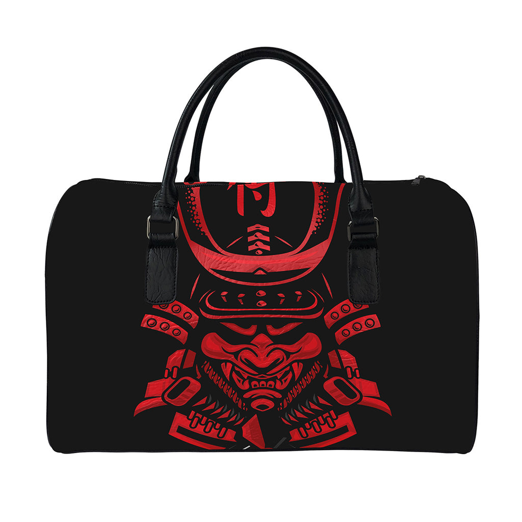 Red Samurai Mask Print Leather Duffle Bag