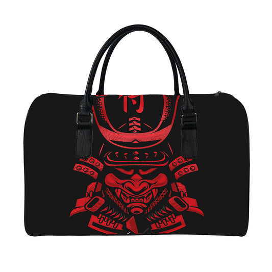 Red Samurai Mask Print Leather Duffle Bag