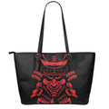 Red Samurai Mask Print Leather Tote Bag With Zipper
