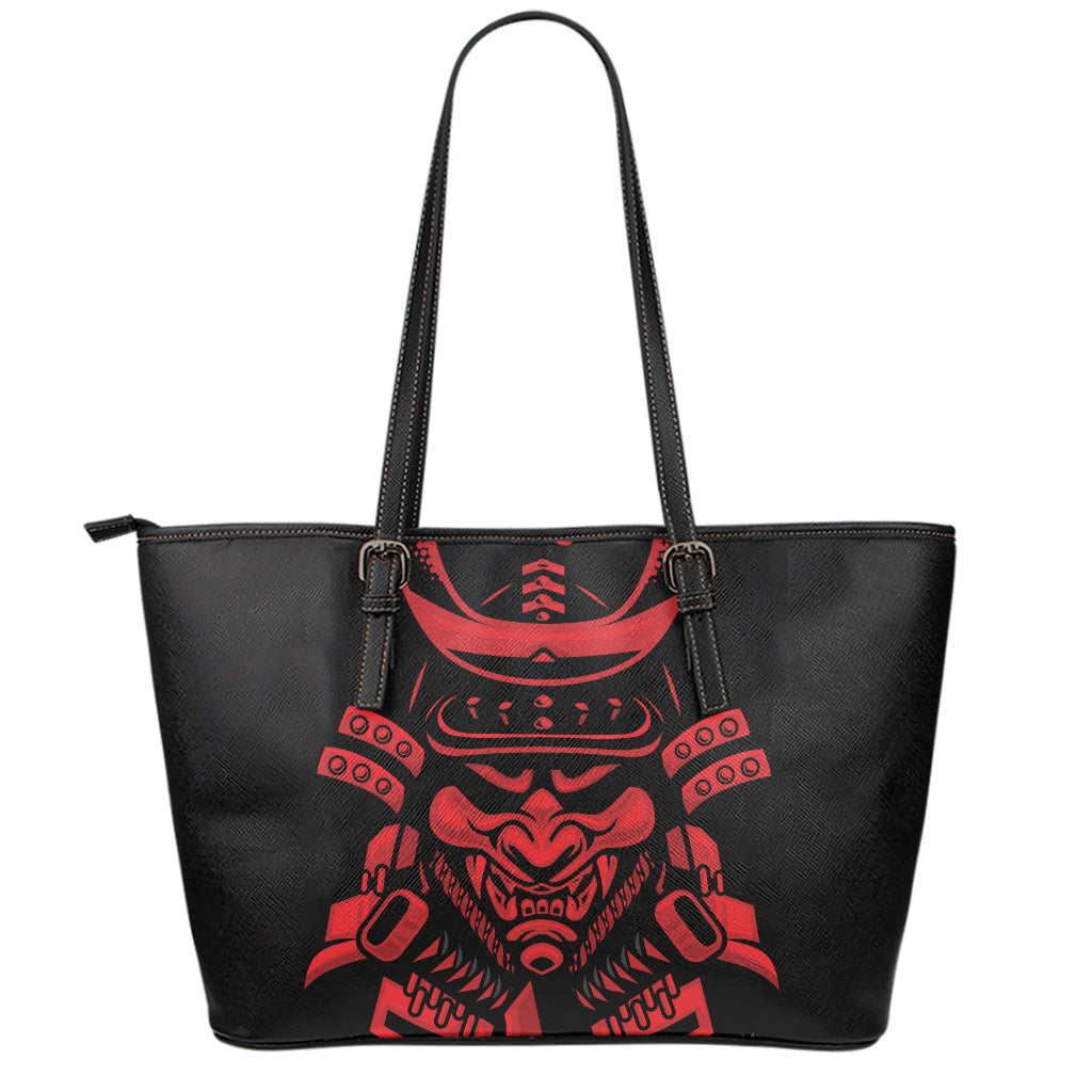 Red Samurai Mask Print Leather Tote Bag