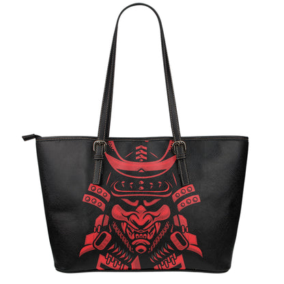 Red Samurai Mask Print Leather Tote Bag