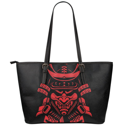 Red Samurai Mask Print Leather Tote Bag