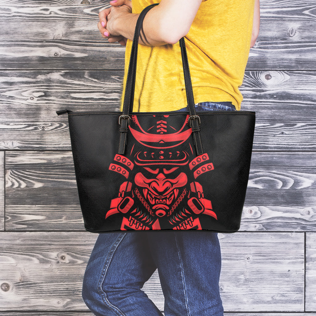 Red Samurai Mask Print Leather Tote Bag