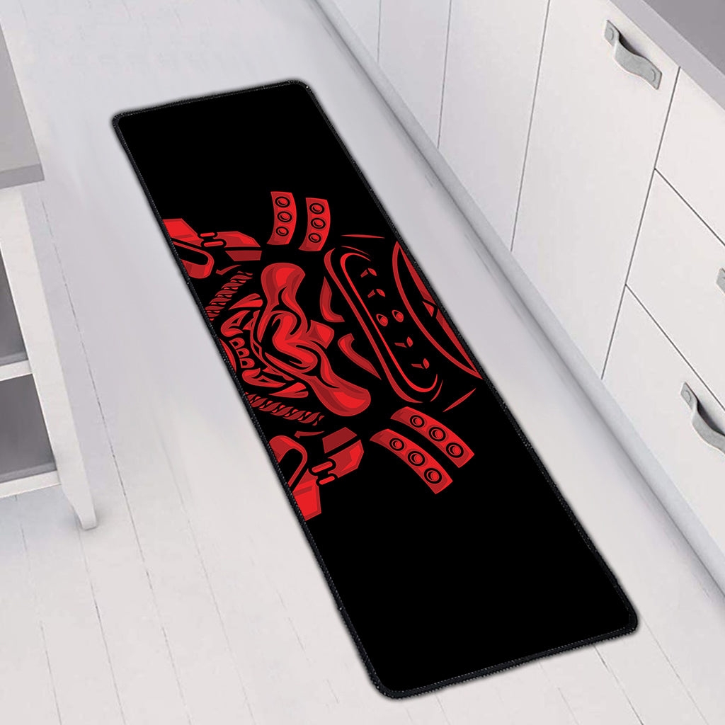 Red Samurai Mask Print Long Kitchen Mat