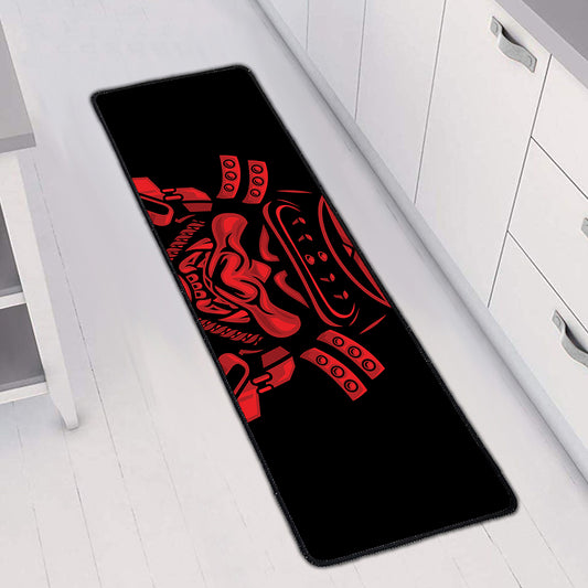 Red Samurai Mask Print Long Kitchen Mat