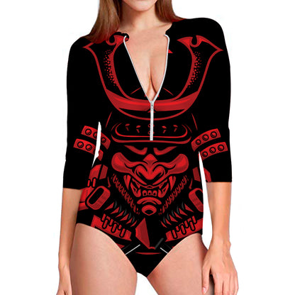 Red Samurai Mask Print Long Sleeve Swimsuit