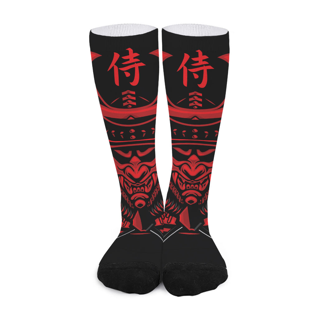 Red Samurai Mask Print Long Socks