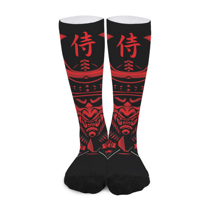 Red Samurai Mask Print Long Socks