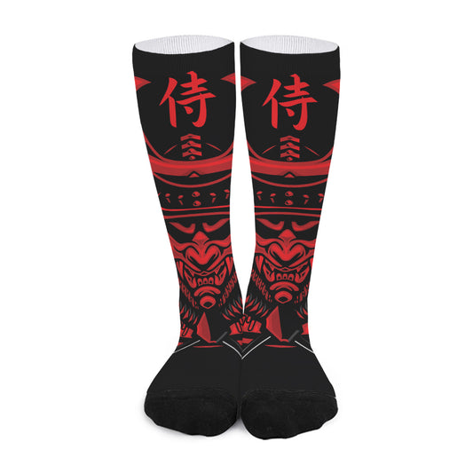 Red Samurai Mask Print Long Socks