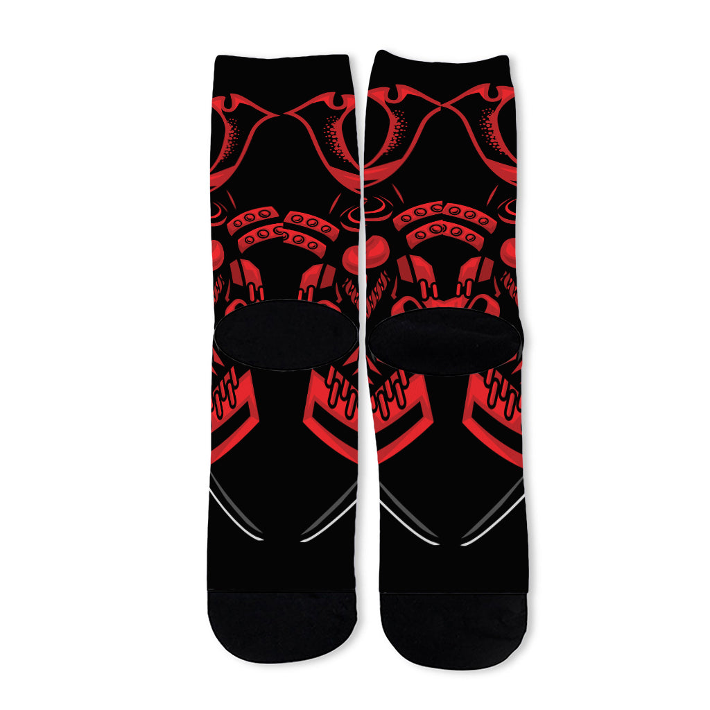 Red Samurai Mask Print Long Socks