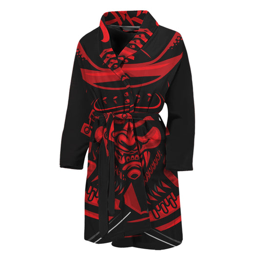 Red Samurai Mask Print Men's Bathrobe