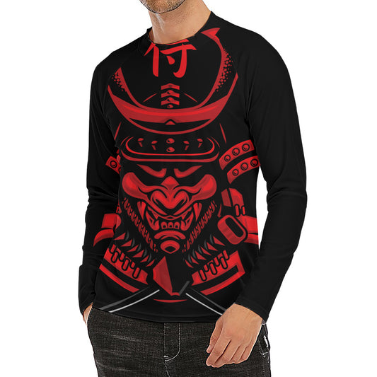 Red Samurai Mask Print Men's Long Sleeve Rash Guard