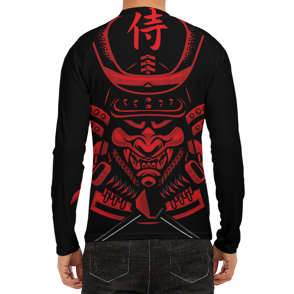 Red Samurai Mask Print Men's Long Sleeve Rash Guard