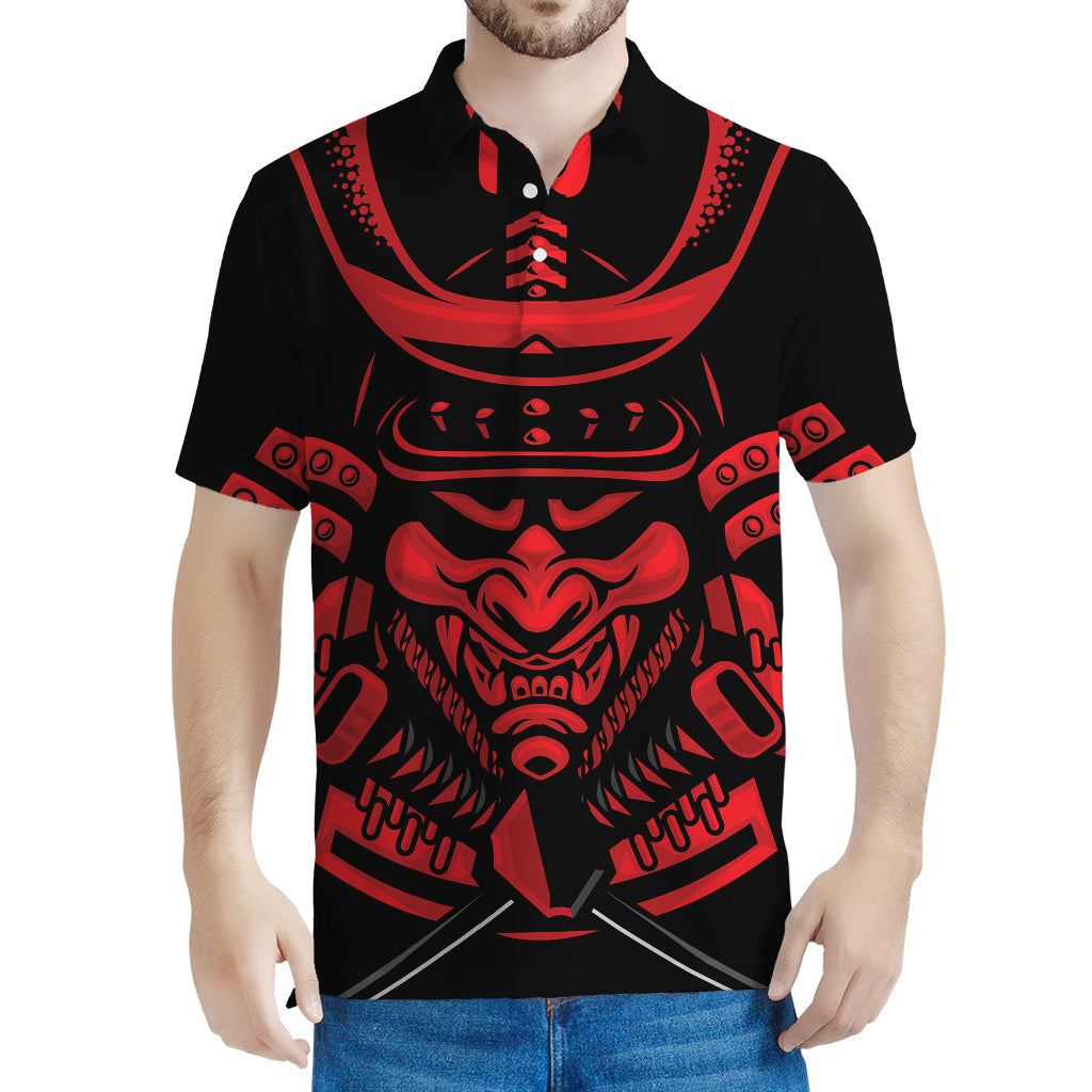 Red Samurai Mask Print Men's Polo Shirt