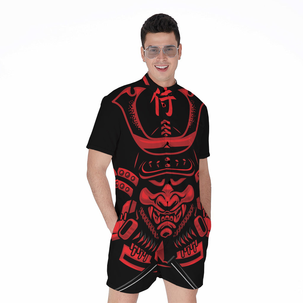Red Samurai Mask Print Men's Rompers