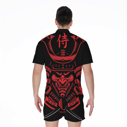 Red Samurai Mask Print Men's Rompers