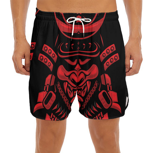 Red Samurai Mask Print Men's Split Running Shorts