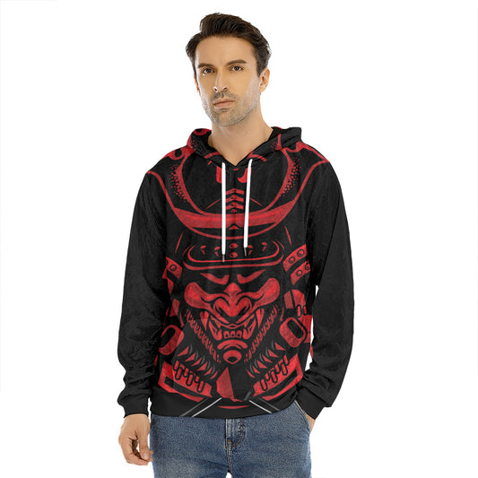 Red Samurai Mask Print Men's Velvet Pullover Hoodie